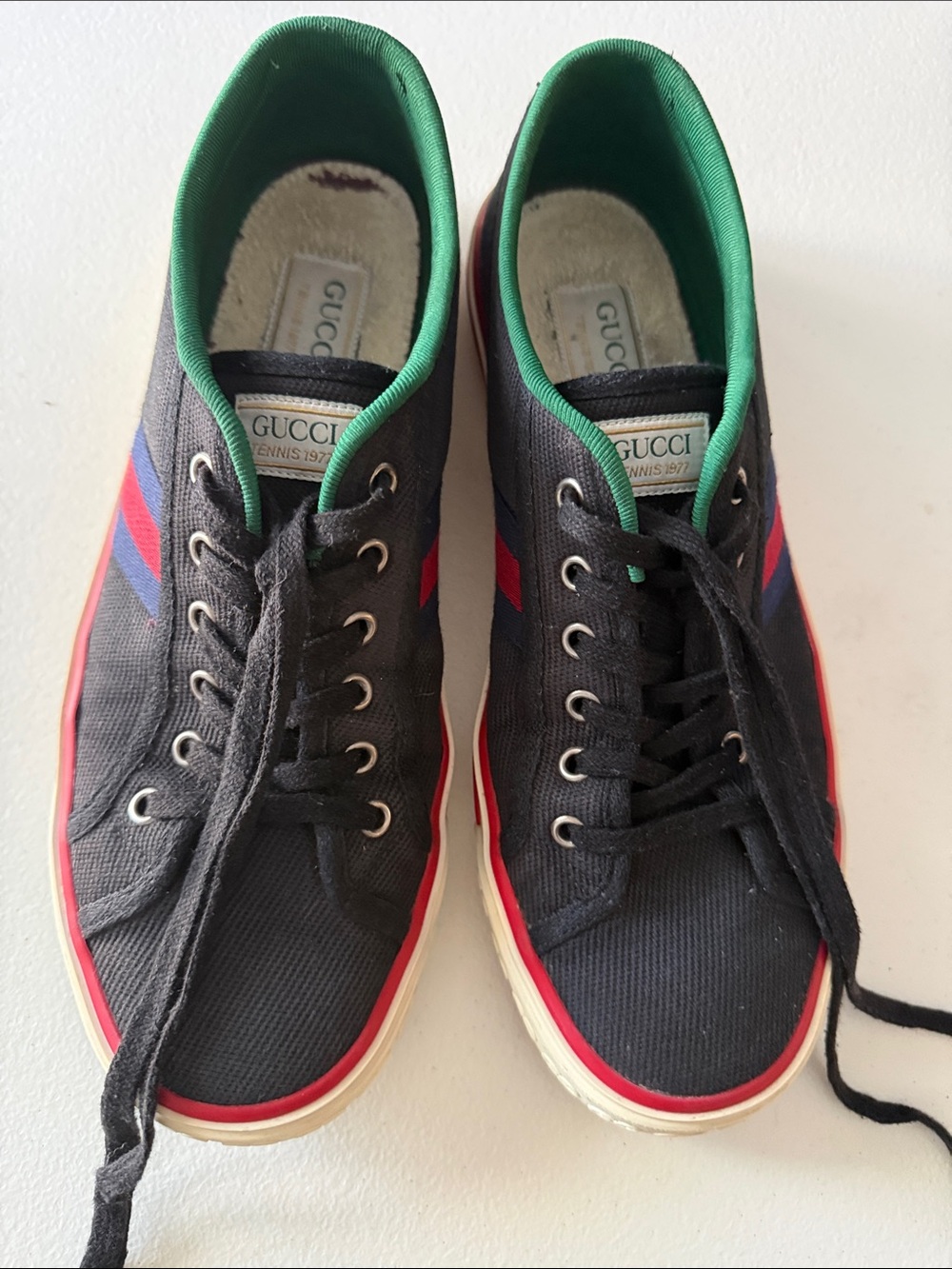 Gucci Men’s Black Canvas Sneakers with Red & Blue Stripe - Picture 1 of 11